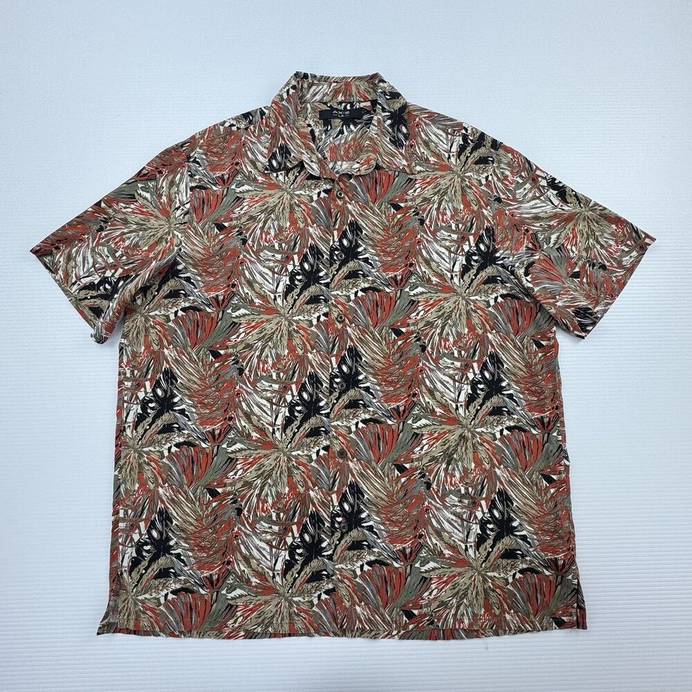 Axis LA Mens XL Silk Hawaiian Shirt Tan Tropical Button Up Camp Aloha Resort